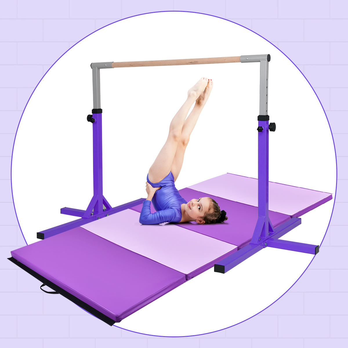 The purple gymnastics training bar with mats for a child doing exercises
