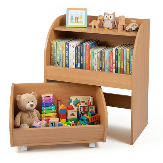 Children's Toy Storage Shelf with books on the top shelf and toys inside the wheeled bottom drawer