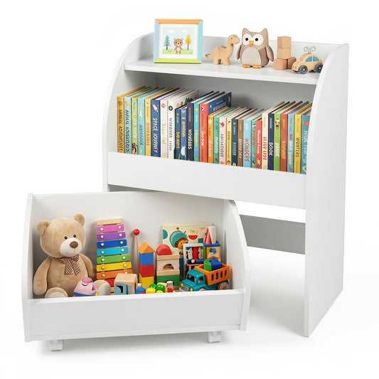 Children's Toy Storage Shelf with two open shelves and a wheeled drawer in white