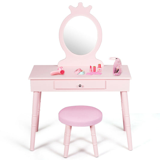 Child's Dressing Table and Cushioned Stool Set in pink with a crown-shaped mirror and a single drawer