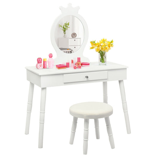 Child's Dressing Table and Cushioned Stool Set in white with a crown detail on the mirror