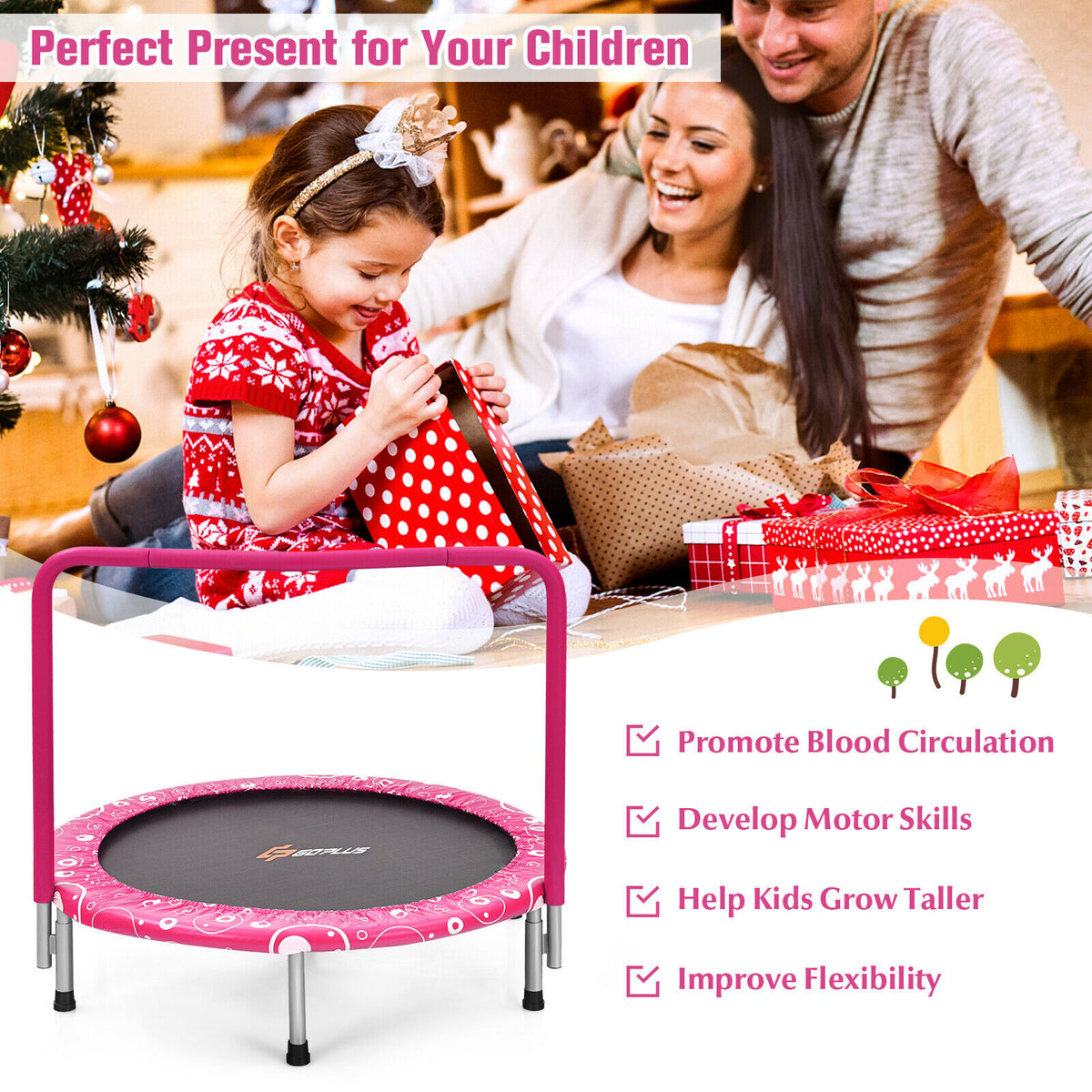 Family giving the pink folding trampoline as a gift at Christmas