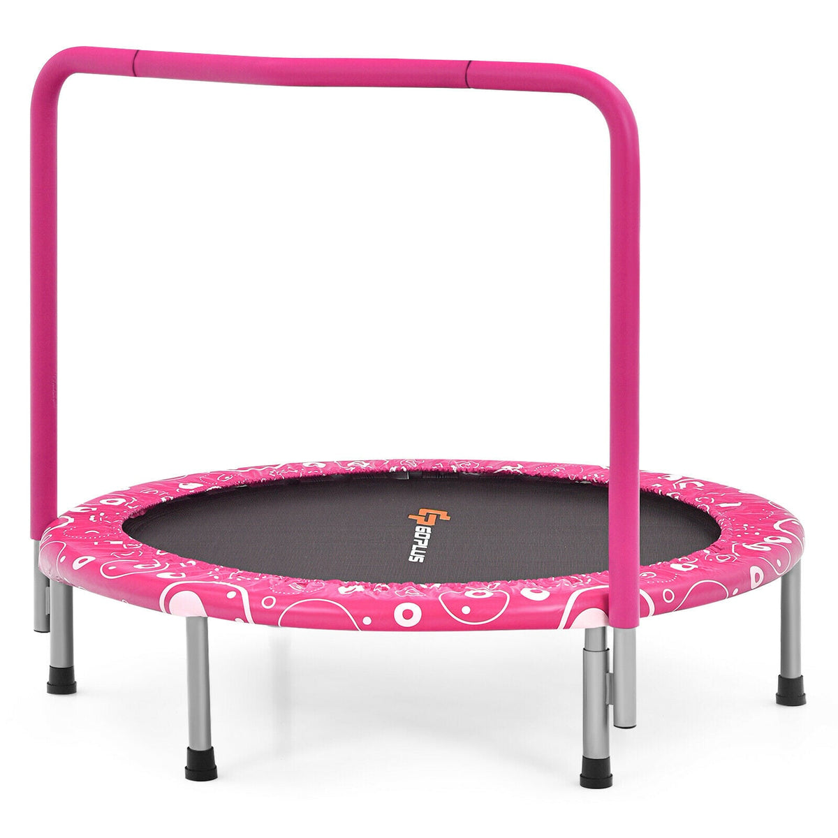 Child's Folding Trampoline with padded edge cover and handle in pink
