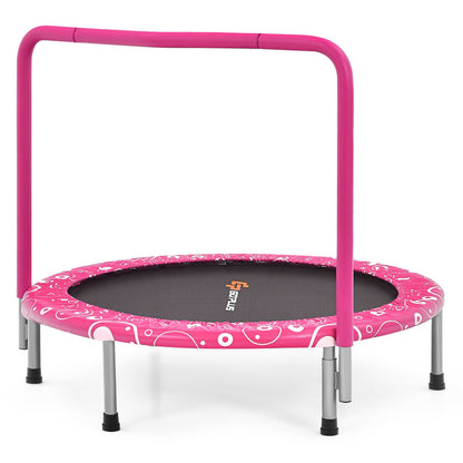 Child's Folding Trampoline with padded edge cover and handle in pink