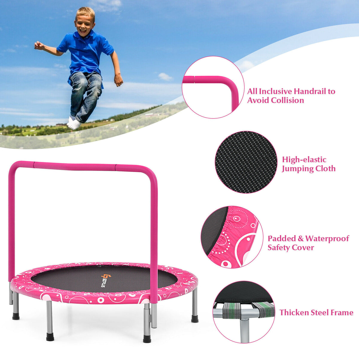 Close-ups of the pink folding trampoline features and frame
