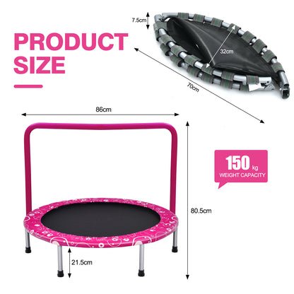 Diagram showing the dimensions of the pink folding trampoline