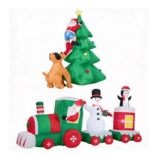 Christmas Inflatable Decoration Set showing Santa climbing a tree chased by a dog and a train with snowman and penguin