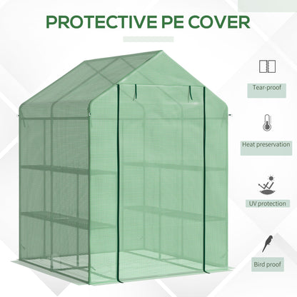 بيت زجاجي Outsunny Walk in Greenhouse مع أرفف، بيت زجاجي مستدق للحديقة، بيت زراعة، غطاء قابل للإزالة 143x138x190 سم، أخضر