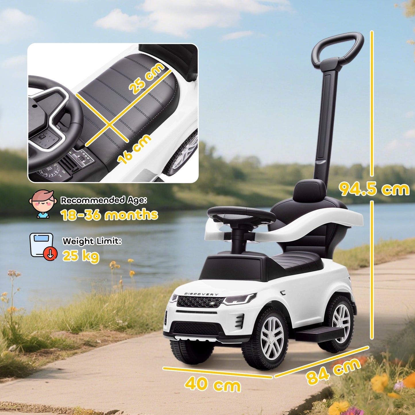 AIYAPLAY Land Rover Discovery Licensed Baby Push Car, 2-in-1 Ride on Car with Push Handle and Safety Guardrail, White