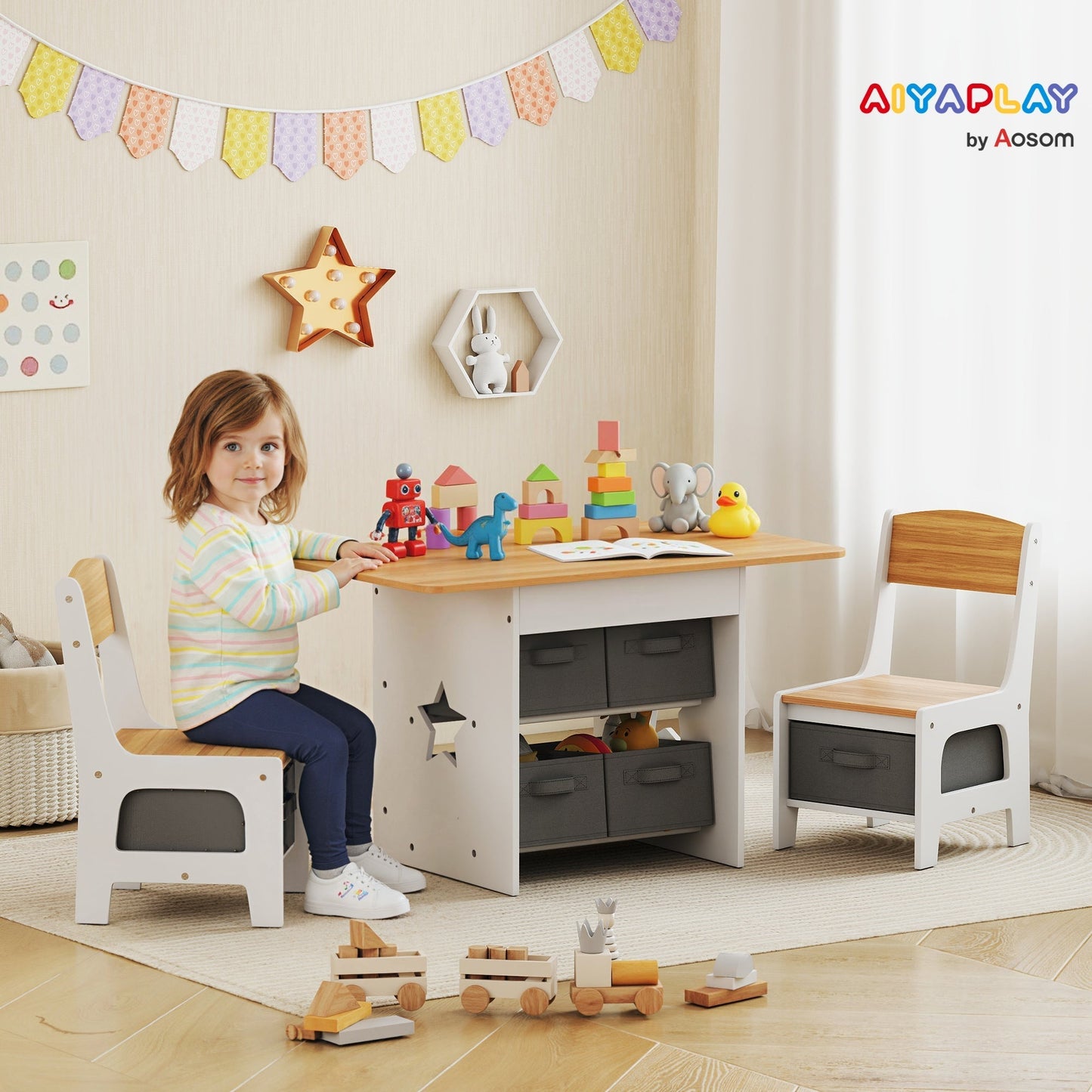 AIYAPLAY Kids Table and Chair Set, Toddler Table and 2 Chairs Set with 6 Removable Drawers, for Boys Girls Ages 3-8, Natural