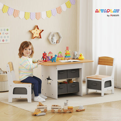 AIYAPLAY Kids Table and Chair Set, Toddler Table and 2 Chairs Set with 6 Removable Drawers, for Boys Girls Ages 3-8, Natural