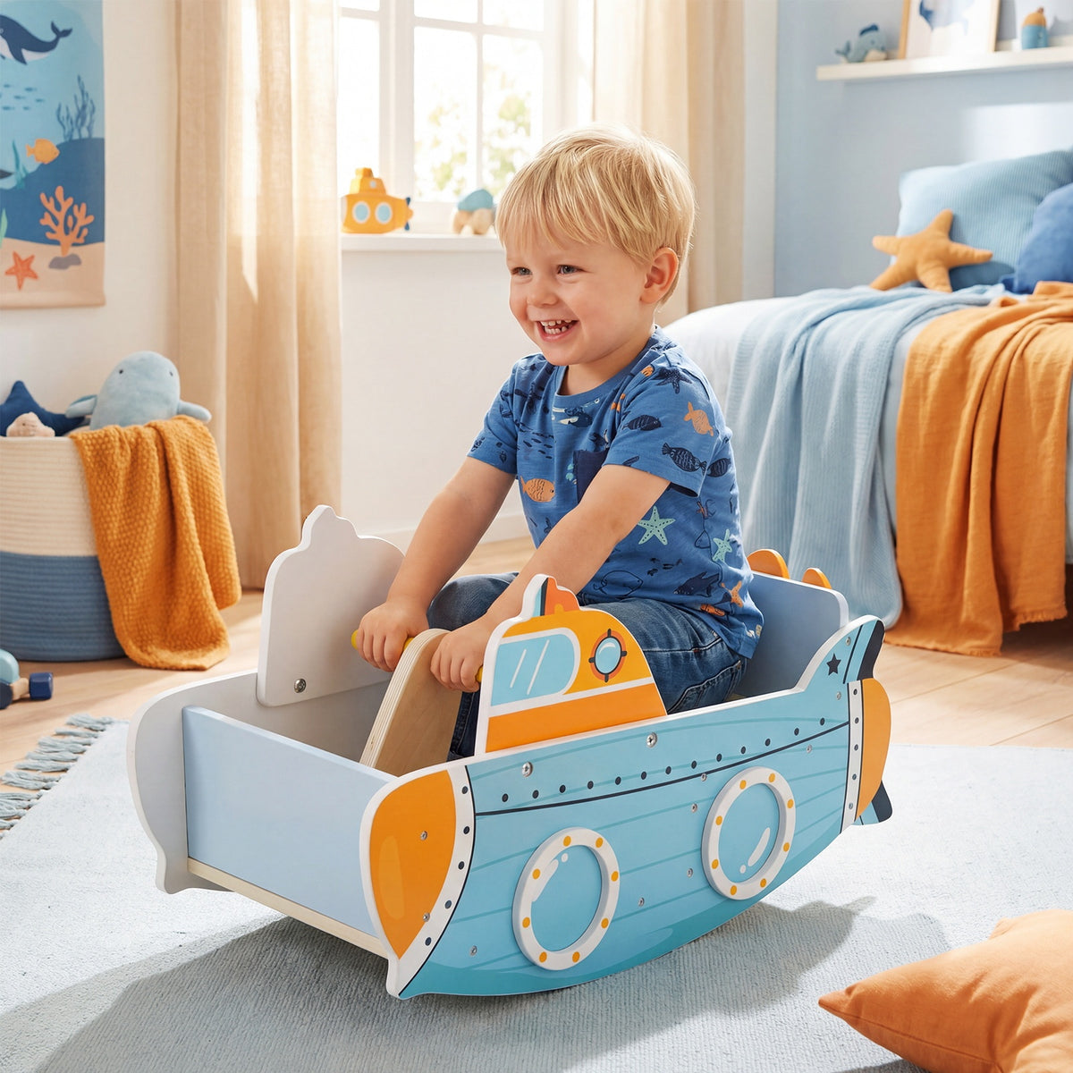 A young boy playing inside the wooden climbing frame in a bedroom with ocean decor