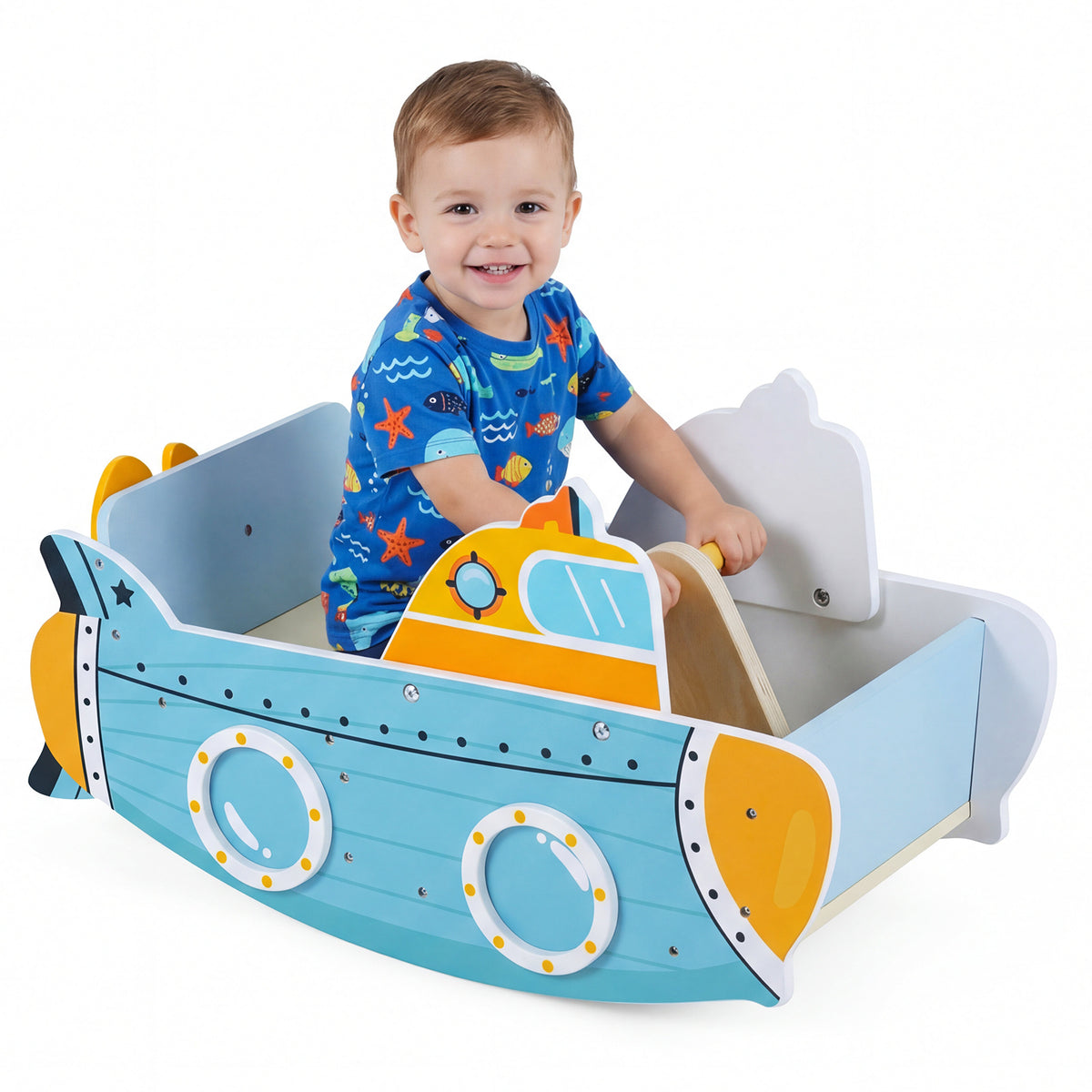 The climbing frame with a toddler sitting inside against a plain white background
