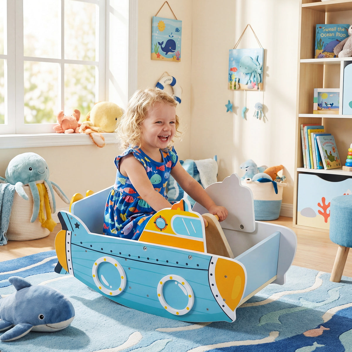 A happy toddler girl sitting inside the blue submarine climbing frame in a nursery room
