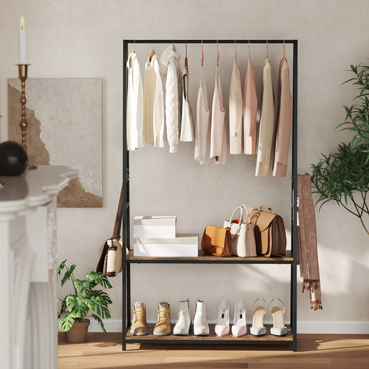 The coat rack placed in a bright bedroom with clothes and shoes on display