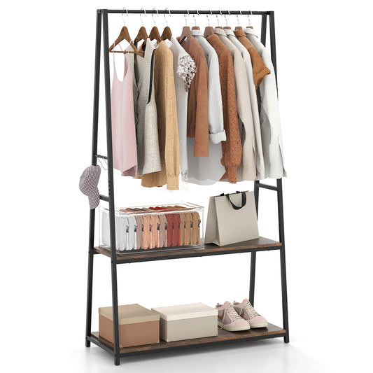 Clothes Rack with 2 Shelves holding hanging garments and accessories on the shelves