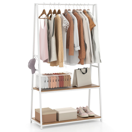 Clothes Rack with 2 Shelves, a white metal frame with two natural wood shelves, holding clothes and shoes