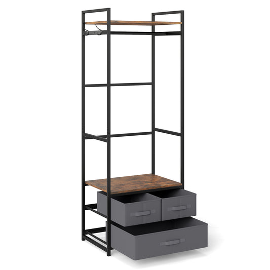 Clothes Rack with Drawers and Shelves for Entryway and Bedroom-Rustic Brown with hanging rail and two fabric drawers