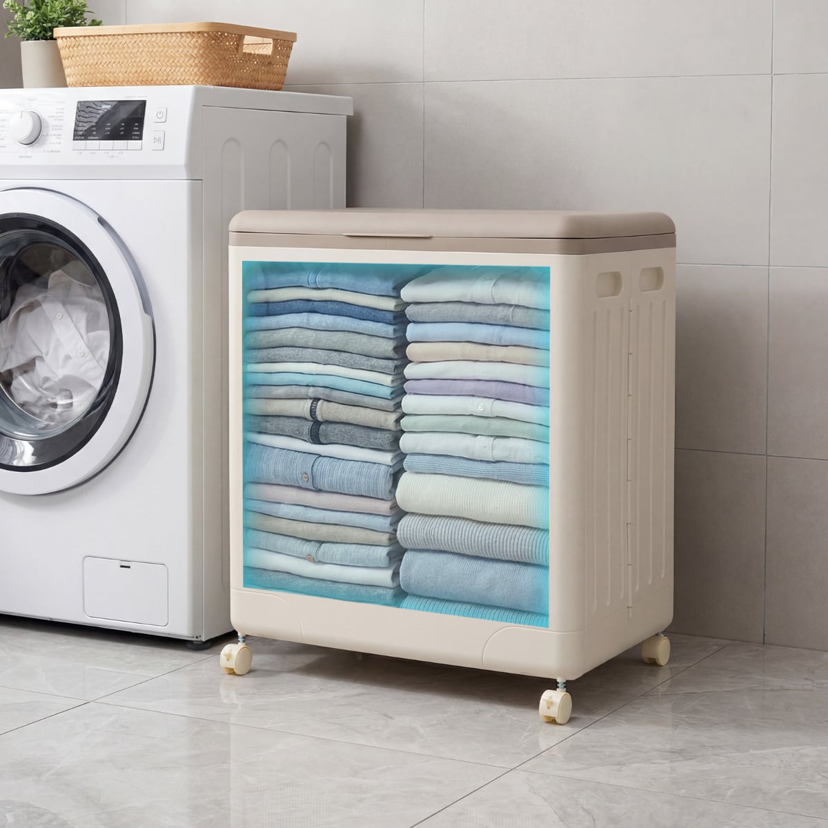Clothes Storage Box with Lid and Wheels for Bedding Organization-Gray & White