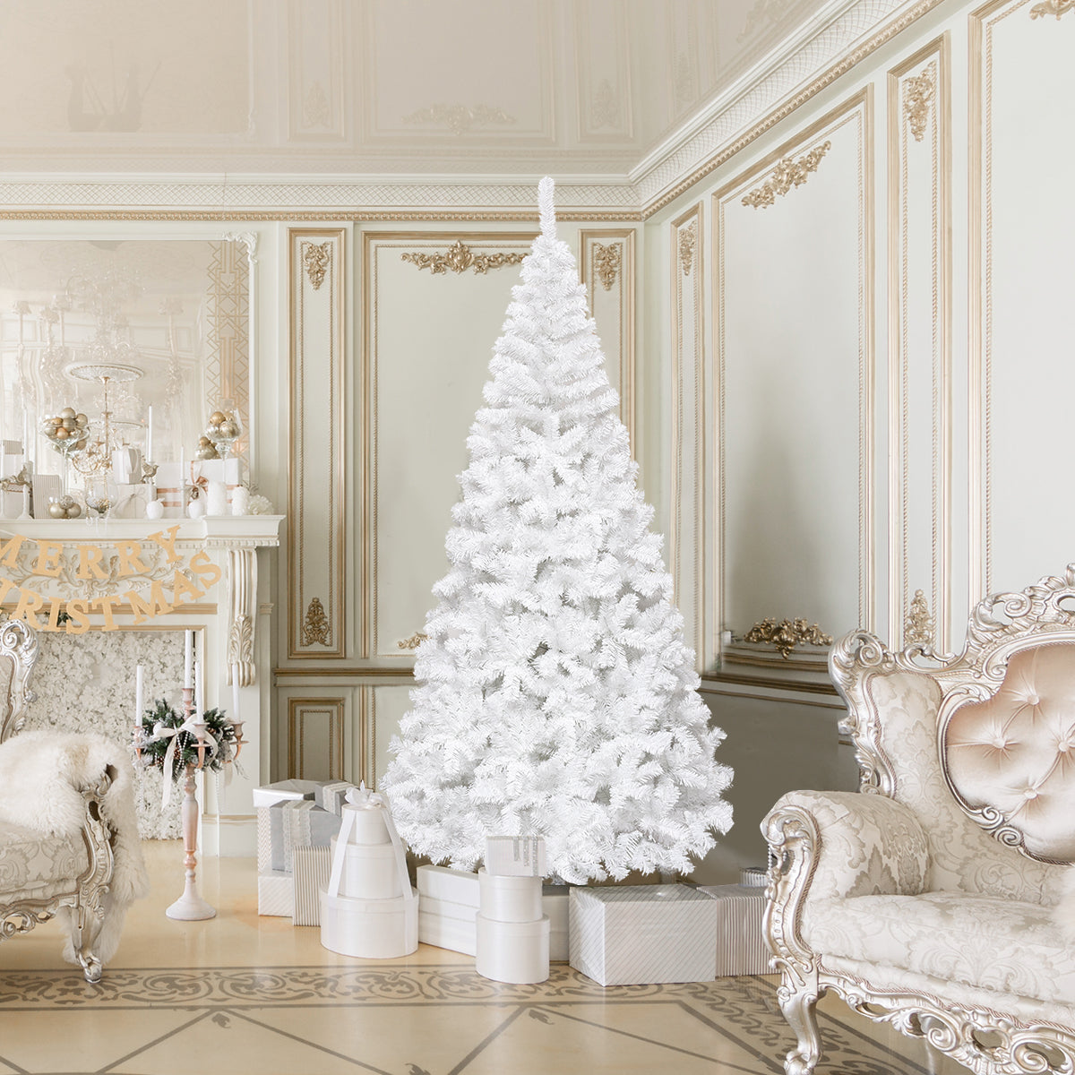 5/6/7/8 Feet White Artificial Christmas Tree with Metal Stand-8 ft