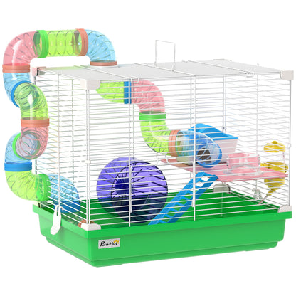 PawHut 2 Tier Hamster Cage, Gerbil Cage with Handle, Exercise Wheels, Tunnel, Water Bottle, Dishes, Ladder, for Dwarf