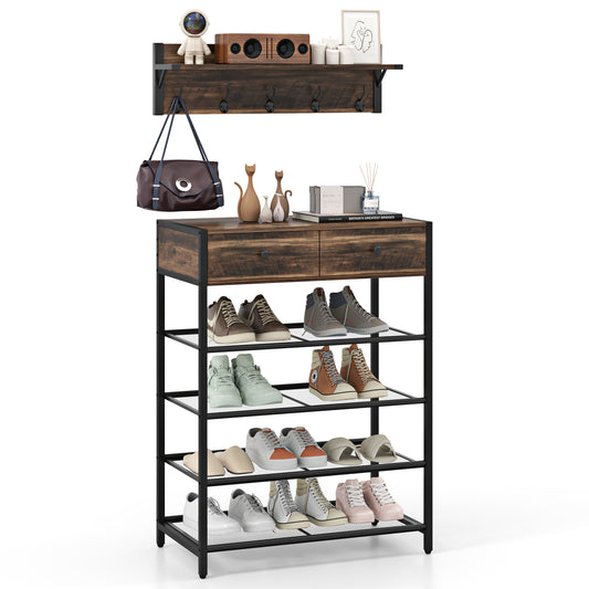Coat Rack Shoe Stand Set with wall-mounted coat rack and drawers in brown