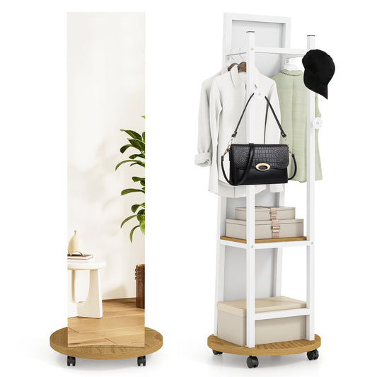 Coat Rack with Full Length Mirror Freestanding Coat Tree with 3 Hooks-Natural, a tall unit with a mirror and shelves