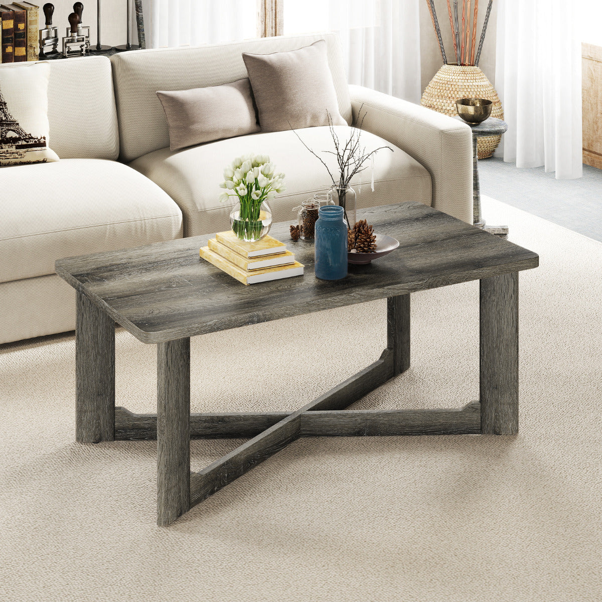 Coffee Table Rectangle Center Table with X-Shaped Base-Grey