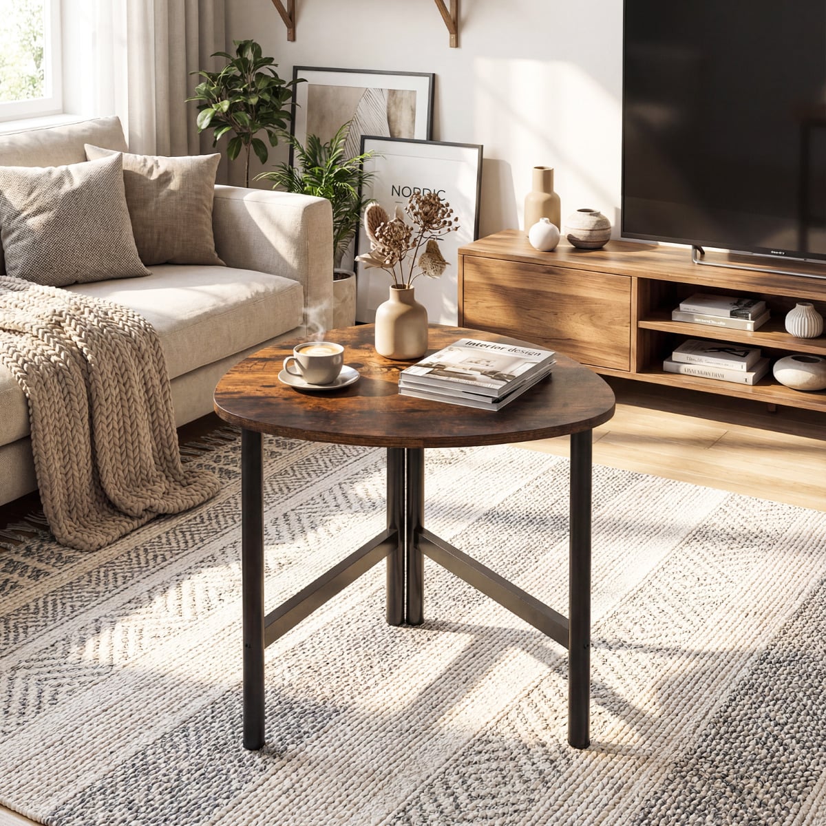 Coffee Table Triangle Center Table with Metal Legs Industrial Accent Sofa Table-Rustic Brown