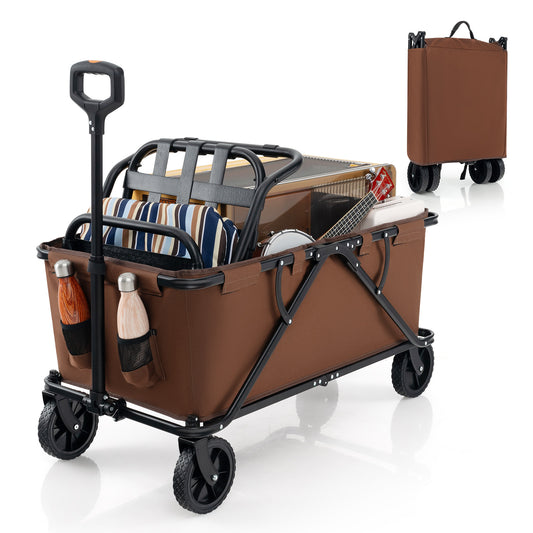 Collapsible Foldable Wagon Cart with Adjustable Handlebar loaded with items and a folded version