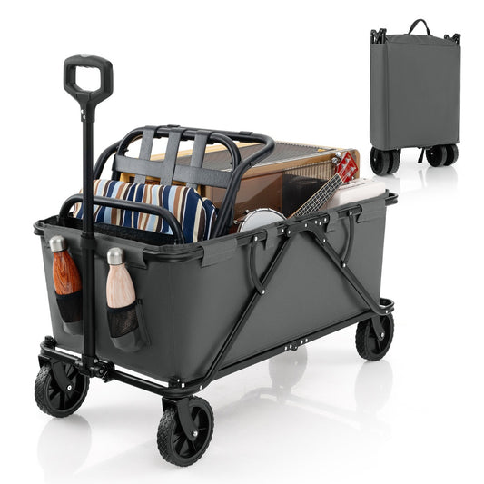 Collapsible Foldable Wagon Cart with Adjustable Handlebar filled with items and a folded version