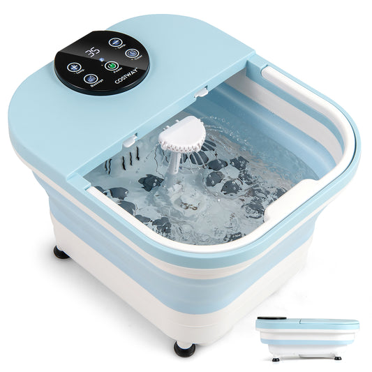 Collapsible Foot Spa Massager Bath Tub with blue and white sides and a digital control panel