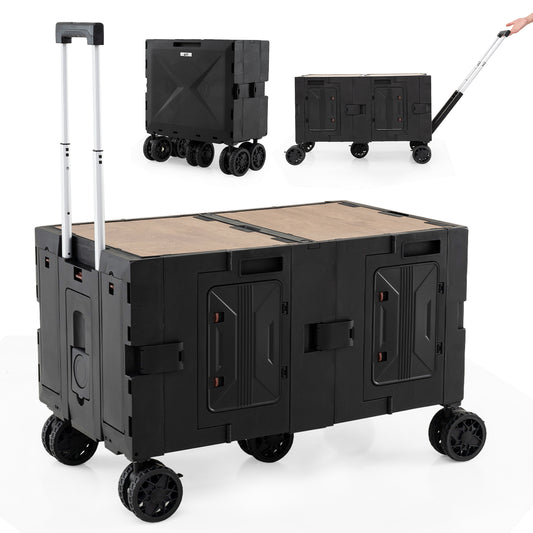 Collapsible Wagon Cart shown in expanded, folded and being pulled positions