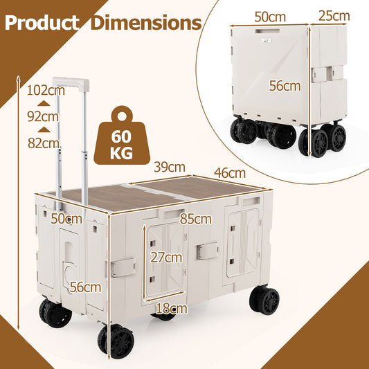 The white utility wagon with a wooden top and telescoping handle shown with size annotations