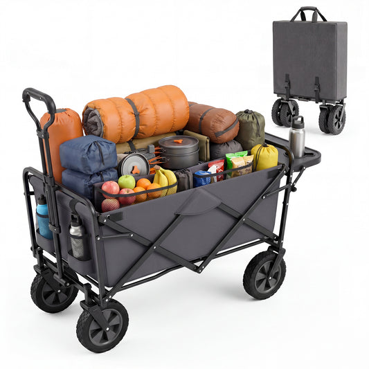 Collapsible Wagon Cart with Flexible Handle and Cup Holders filled with camping gear and food