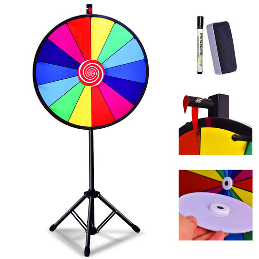 Colored Fortune wheel with Height-Adjustable Tripod on a black stand with colourful segments