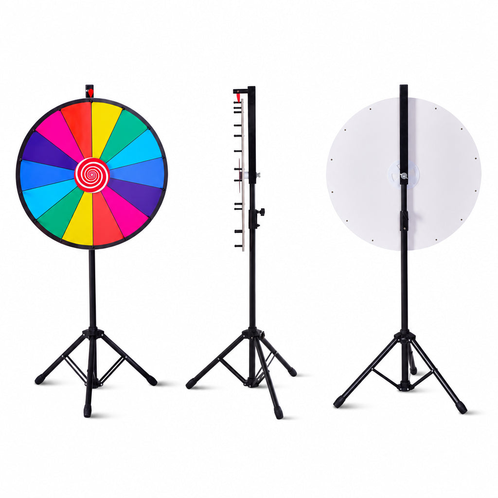 Colorful spinning wheel, light stand, and white reflector on a white background