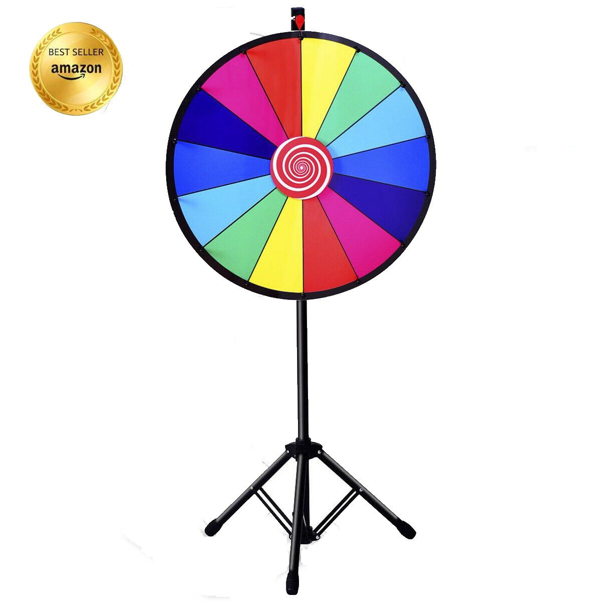 A colourful prize wheel on a tripod stand against a white background