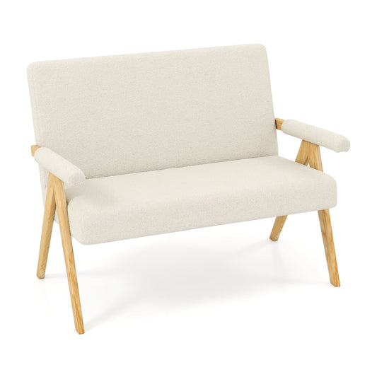 Comfy Upholstered Sherpa Couch with Armrests and Wooden Legs in beige sherpa fabric with light wood legs