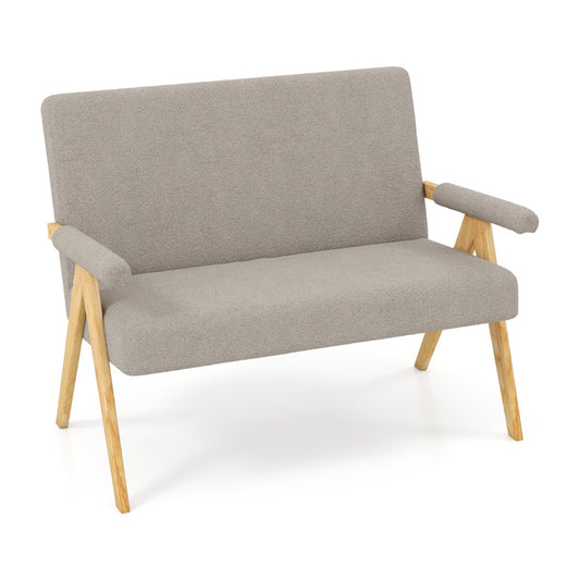 Comfy Upholstered Sherpa Couch with Armrests and Wooden Legs, a grey two-seater sofa with wooden frame and legs