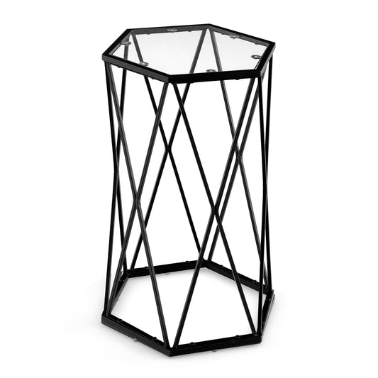 Compact Coffee Table with a hexagonal tempered glass top and a black metal geometric frame