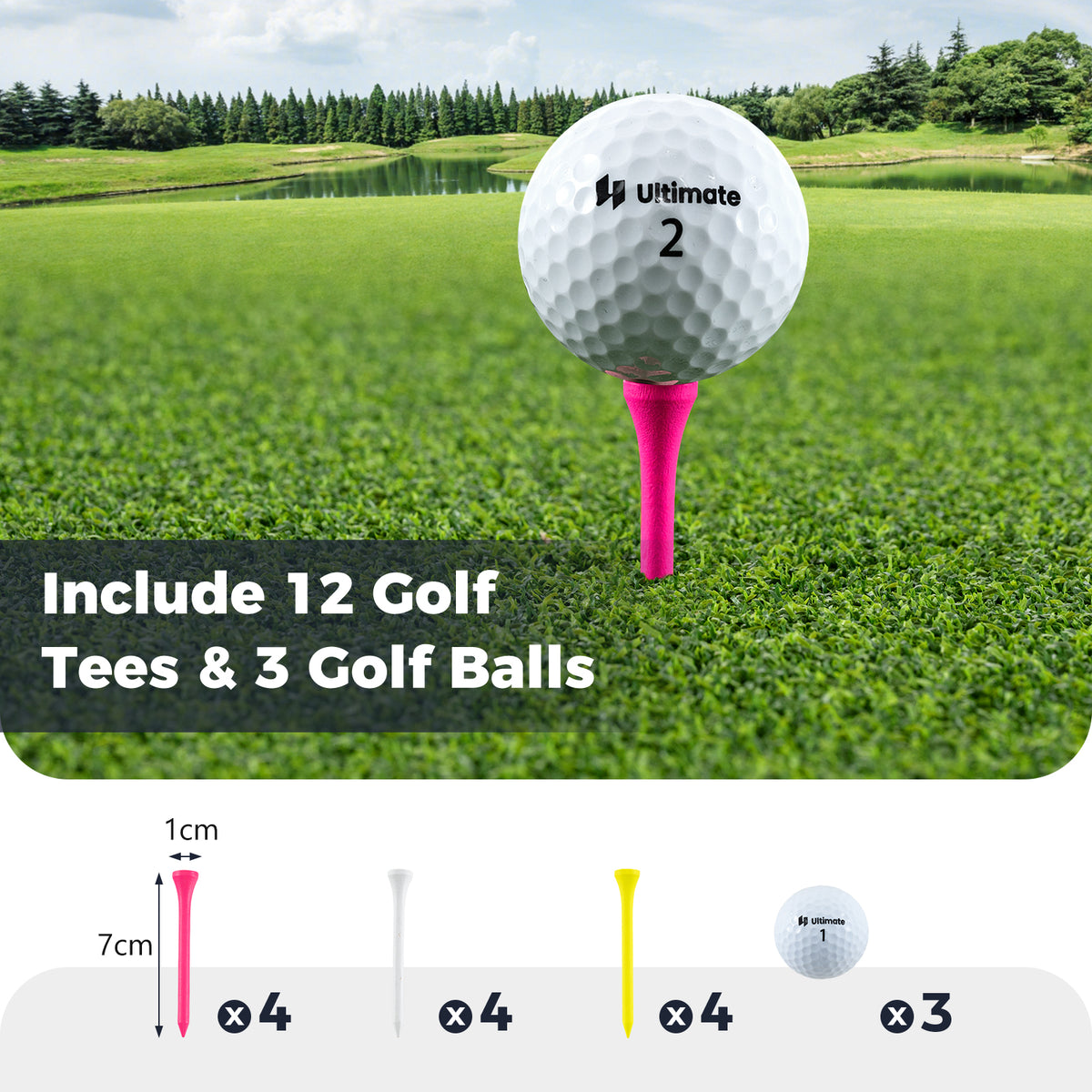 Golf balls and tees with dimensions shown, part of the golf set