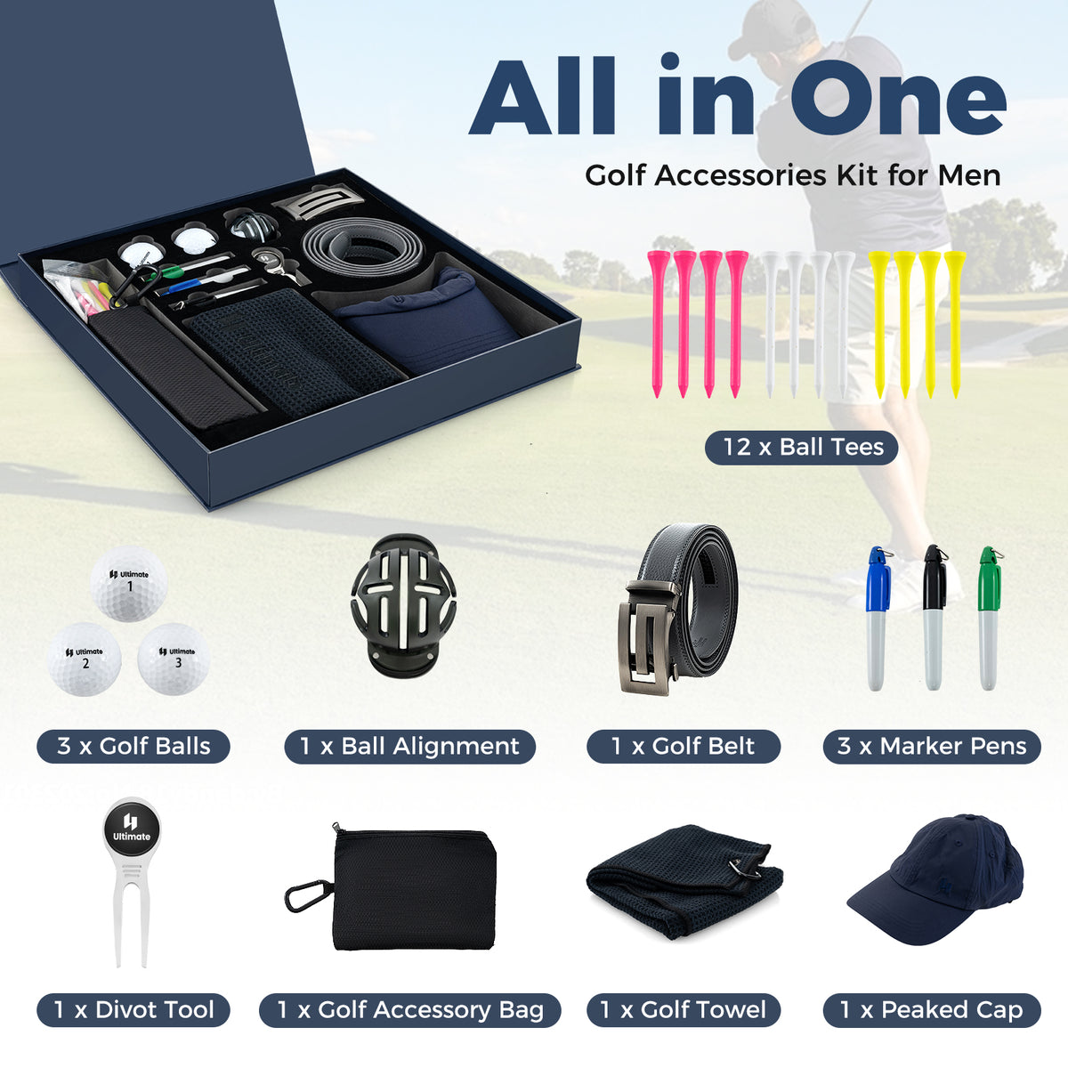 All the golf accessories in the gift box laid out with quantities shown
