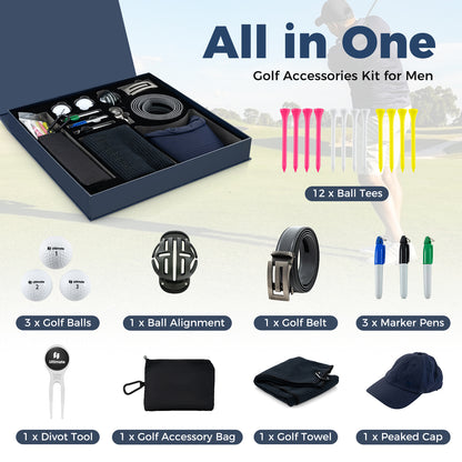 All the golf accessories in the gift box laid out with quantities shown