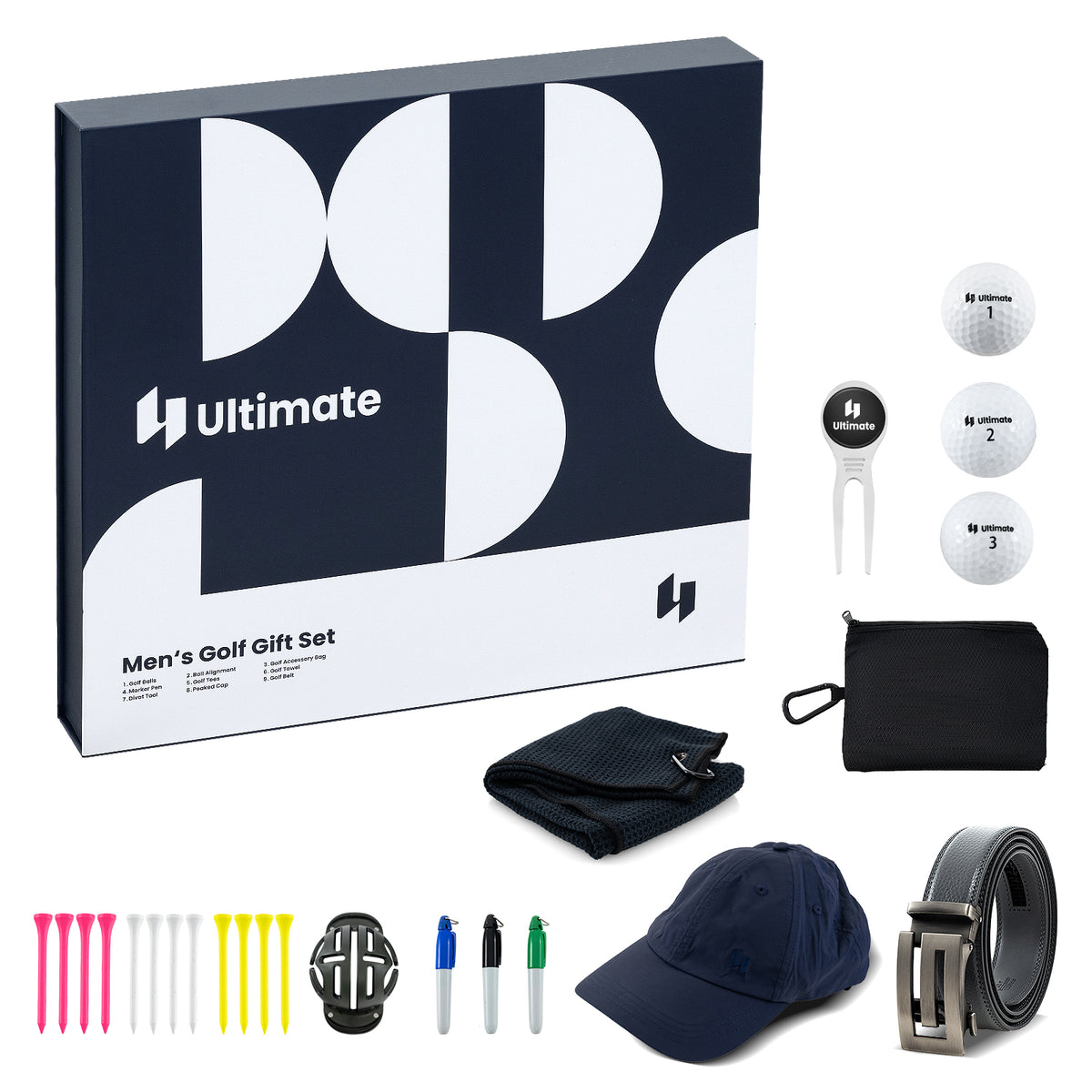 The golf gift box and its contents including balls, tees, belt and cap