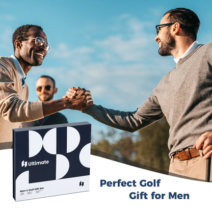 Two men shaking hands on a golf course with the golf gift box in the foreground