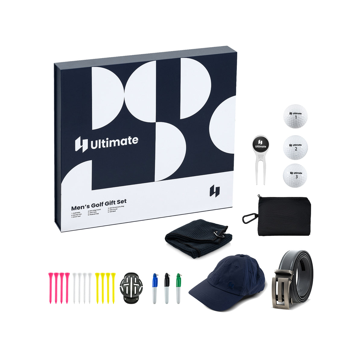 Complete Golf Accessories Set showing the gift box and all the golf items included