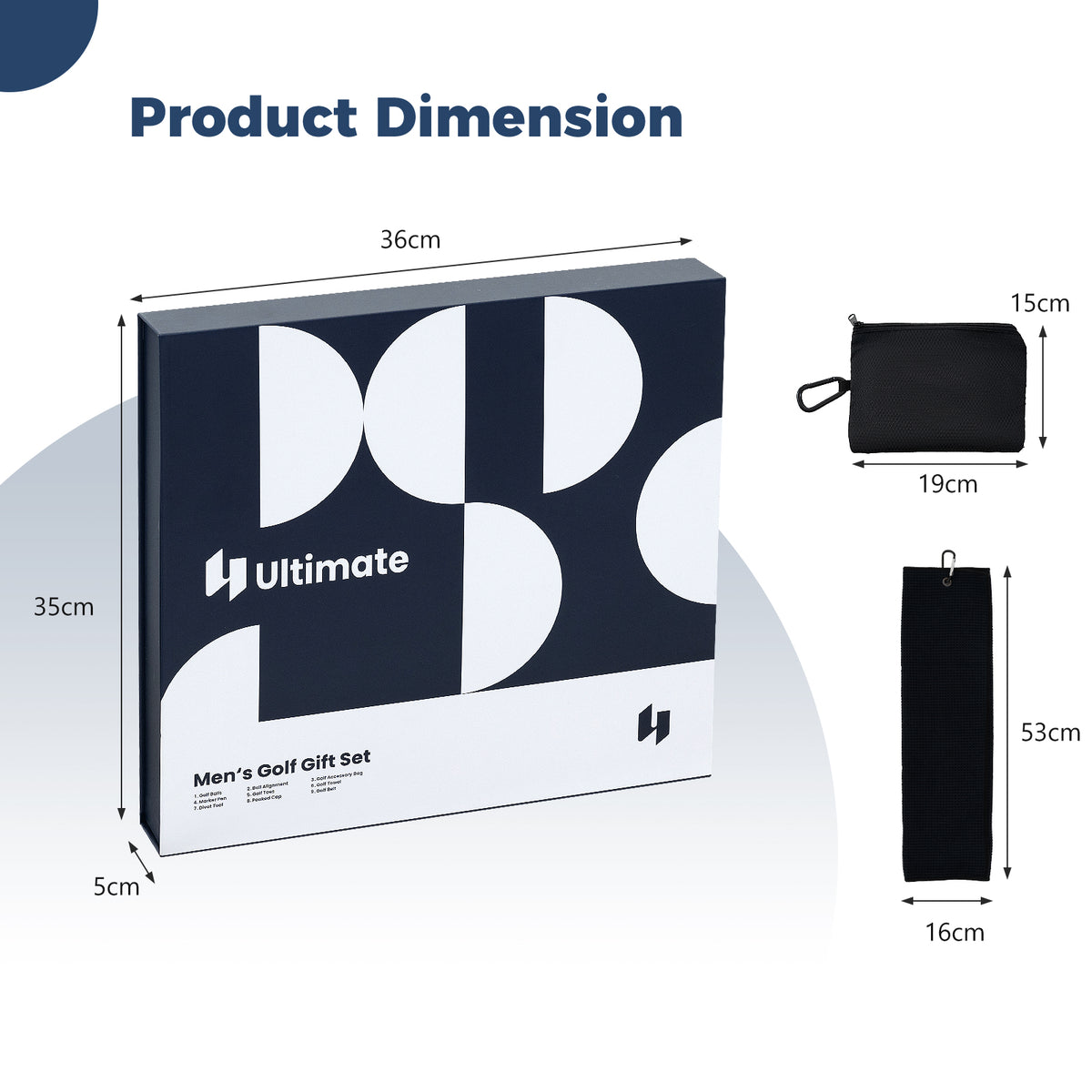 Product dimension diagram for the golf gift box and accessories