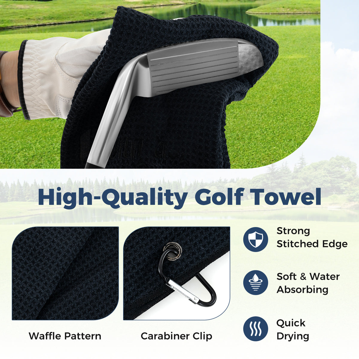 Close up of the high-quality golf towel with carabiner clip and waffle pattern