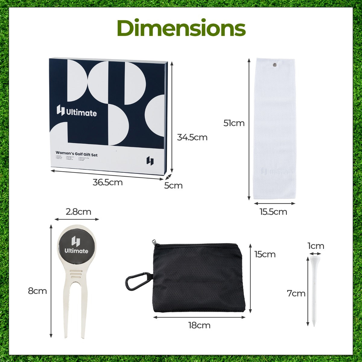 Dimensions diagram for the golf accessory set, showing sizes of box, towel, pouch, and tees